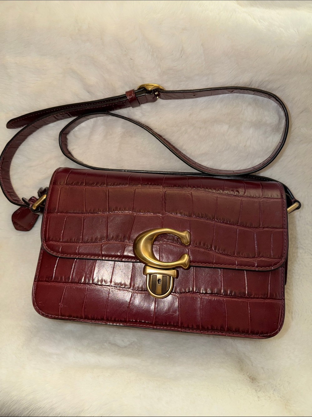 Coach Croc-Embossed Leather Crossbody in Burgundy with Gold Hardware